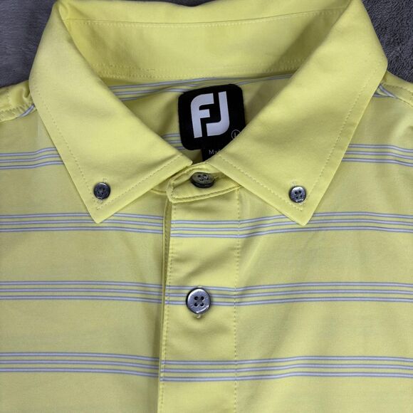 FootJoy Polo Shirt Mens Large Yellow Blue Striped Button Down Collar Golf Logo - Picture 1 of 10
